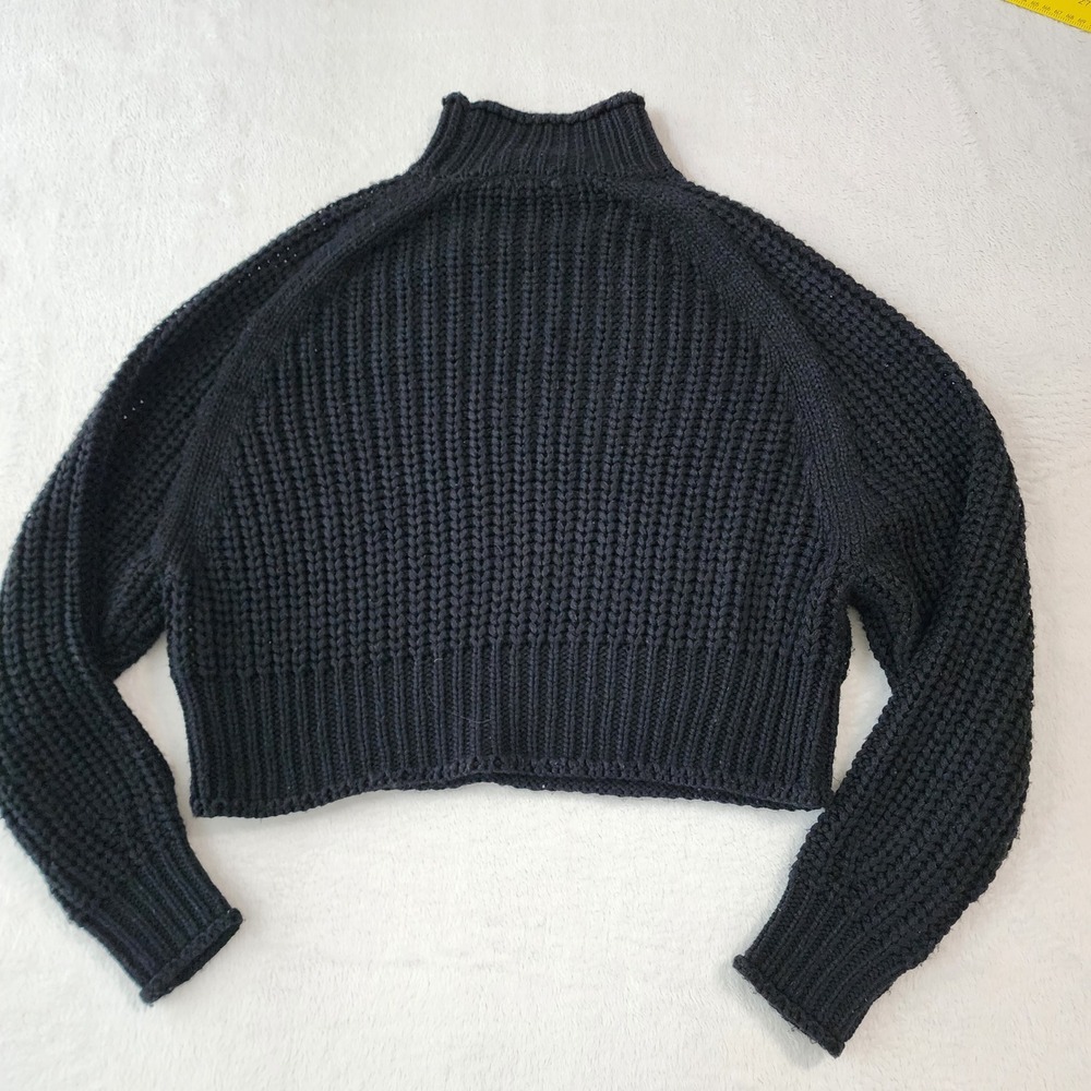 Brave Soul Mock Neck Cropped Sweater Womens XS Black Chunky Knit Oversize Dolman